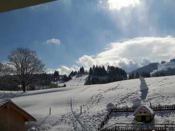 Blick aus der Haustüre: Aufstiegs- und Abfahrtsspur, die Fluh ganz recht hinten